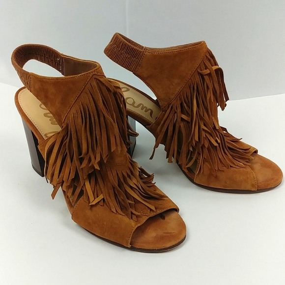 Sam Edelman Elaine Saddle Suede Fringe Block Heels - Picture 1 of 6
